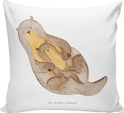 Produktbild von Mr. & Mrs. Panda kuschelkissen 40x40 Otter Kind - Weiß - Geschenk, Mama, Mutter, Deko Kissen, Polster, Seeotter, Baby, bedruckt, Geburt, Familie, Couchkissen, Sofakissen