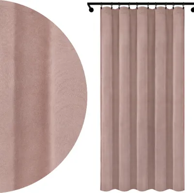 A close-up of a pink velour curtain and a full view of a pink velour curtain hanging on a rod.