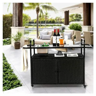 Produktbild von Schwarzer Outdoor-Barwagen mit Schrank und Eiswürfelbehälter, rollbarer Servierwagen für Garten und Terrasse, PE-Rattan Küchenwagen mit Stahlplatte und Rädern, Minibar und Hausbar, 131x50x91 cm