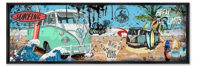 Image de Cadre en bois avec impression en PVC vernis "Surfing Combi" - Noir - 50 x 150 cm - Collection Rubix