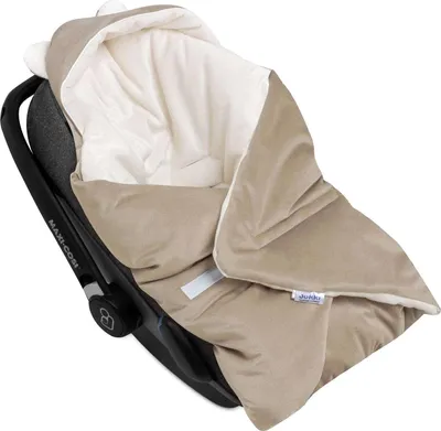 A baby car seat with a hooded blanket.