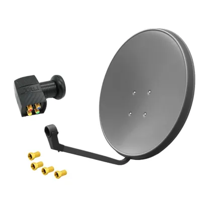 A satellite dish, LNB, and F-connectors are arranged on a white background.
