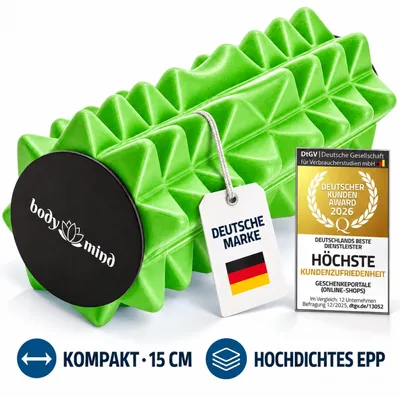 Obrázek produktu pro Body & Mind Mini masážní válec na fasciální masáž, zelený (15,5 x 6 cm) – Kompaktní masážní válec pro efektivní fasciální trénink, masáž nohou, krku a zad