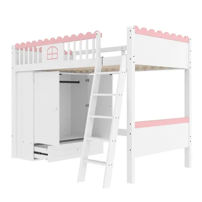 Produktbild von Hochbett, Einzelbett(Ohne Matratze), Kinderbett, mit LED-Leuchten, mit Kleiderschrank, mit Ablageschublade, EN747 , Kiefernholz, 90x200cm,