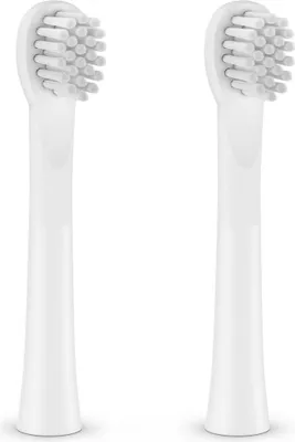 Two white toothbrush heads are shown side-by-side against a white background.