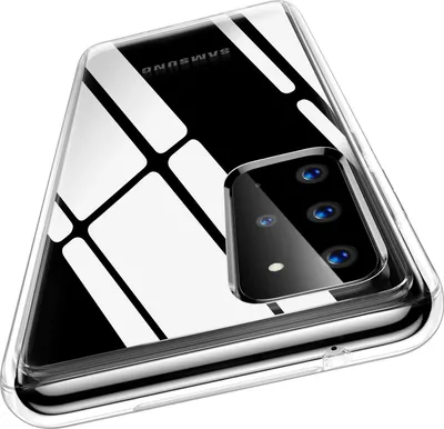 A clear protective case for a Samsung Galaxy S20 Plus phone, showing the back of the phone with its camera array and the Samsung logo.
