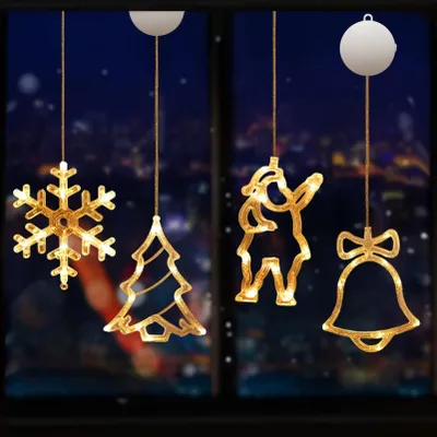 LED Weihnachtslichter 4er Set, Saugnapf Fensterdeko, batteriebetrieben