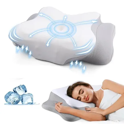 Obrázek produktu pro Polštář na krk ve tvaru motýla – ortopedický polštář z paměťové pěny – ergonomická opěrka krční páteře – vlnitý tvar – proti bolestem krku a ramen – se snímatelným potahem