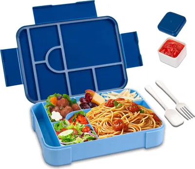 Produktbild von Brotdose Kinder mit Fächern, 1330ML BPA Frei Jausenbox Kinder (Löffel & Gabel), Wiederverwendbar Bento Box,Lunchbox Vesperdose für Schule,Picknick, Mikrowellen (blau)