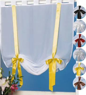 A white sheer curtain with yellow tie-backs and bows, displayed against a blue background. Small circular insets on the right show the curtain in different ribbon colors.