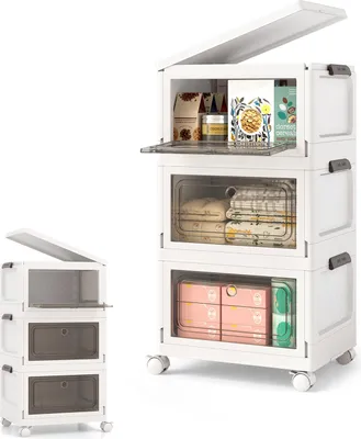 Immagine prodotto di KOMFOTTEU Contenitore pieghevole in plastica, 75/105 l, contenitore impilabile, contenitore con 4 ruote, contenitore organizer con coperchio e 2 aperture, per camera da letto, soggiorno (75 l)