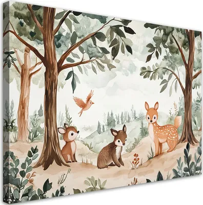 Produktbild von Leinwandbild für Kinderzimmer Hirsch Vogel Waldtiere Beige 100x70 Feeby Grün bild für die wand bereit zum aufhängen