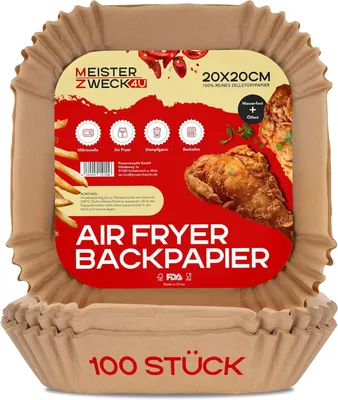 Produktbild von Airfryer Backpapier 100 Stück 20x20cm, 100% reines Zellstoffpapier, wasserfest & ölfest - Backpapier für Heißluftfritteuse, Backofen