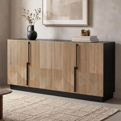 Produktbild von Wohnzimmerschrank mit 4 Türen und Relieffront Aufbewahrungsschrank Sideboard für Wohnzimmer 160 L x42 B x 76 H Natur+Schwarz