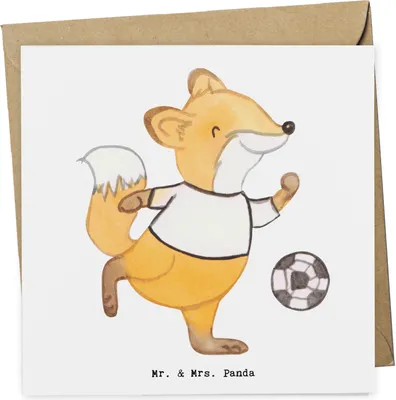 Produktbild von Mr. & Mrs. Panda Grußkarte Fuchs Fußball spielen - Weiß - Geschenk, Fußballer, Soccer, Klappkarte, Bolzen, Fußballerin, Bolzplatz, faltkarte, doppelkarte, anlasskarte