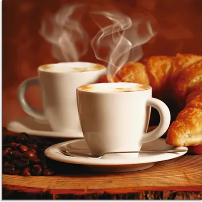Produktbild von ARTland Glasbild Cappuccino & Croissant Größe: 40x40 cm