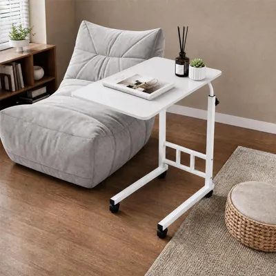 Produktbild von Beistelltisch höhenverstellbar mit Rollen und Tasche Weiß 60 x 40 x 85 cm