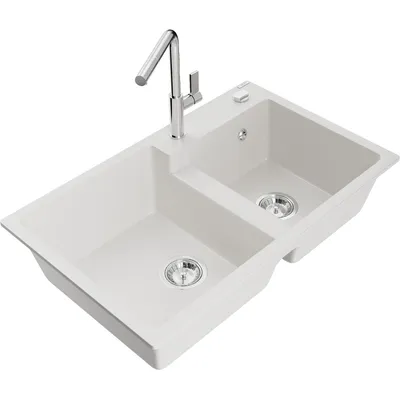 Zdjęcie produktu dla Mexen Tomas zlewozmywak granitowy 2-komorowy z baterią kuchenną Flora, biały - 6516-20-670401-00