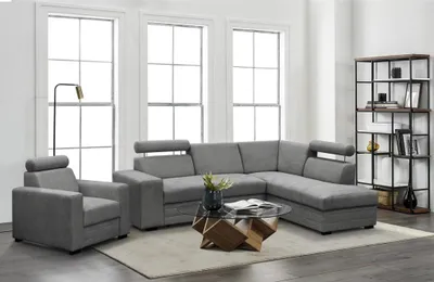Produktbild von Ecksofa mit Sessel Roma modernes Eckgarnitur mit Sessel Schlafecke mit Bettkasten Kopfstützen, Stoff: vardo 11- grau, Ottomane: rechts