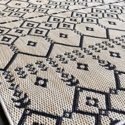 Produktbild von Teppich In- und Outdoor Flachgewebe Terrasse Balkon Wetterfest Wintergarten Robust BOHO geprägtes Design, Farbe:Beige, Maße:80x150 cm