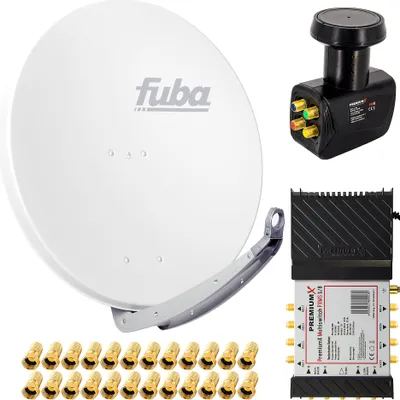 A satellite dish, LNB, multiswitch, and F-connectors are arranged on a white background.