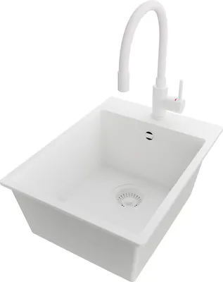 Produktbild von PRIMAGRAN Granitspüle Alles Weiß 38x50cm, Spülbecken 1 Becken + Küchenarmatur 38x14cm + Ablauf-Set, Küchenspüle ab 40er Unterschrank - Riga