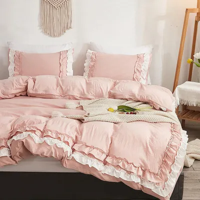 Productafbeelding van Beddengoedset 200x220 cm met 2 kussenslopen van 80x80 cm, roze, met ruches, microvezel