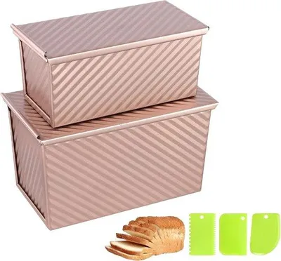 Productafbeelding van Set van 2 broodvormen met deksel, antiaanbaklaag, rechthoekige Pullman bakvorm met accessoires voor brood