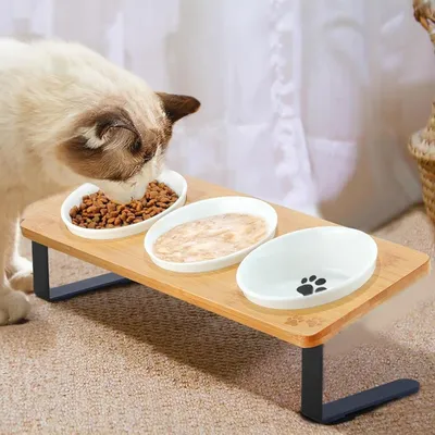 Produktbild von Katzen-Futternäpfe, Futternapf, Katzennapf, 3 Fressnäpfe aus Keramik, 10° Neigungs-Futterstation, Hundenapf mit Holzständer, Trinknapf