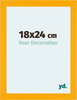 A yellow picture frame with text indicating its size and a brand logo.