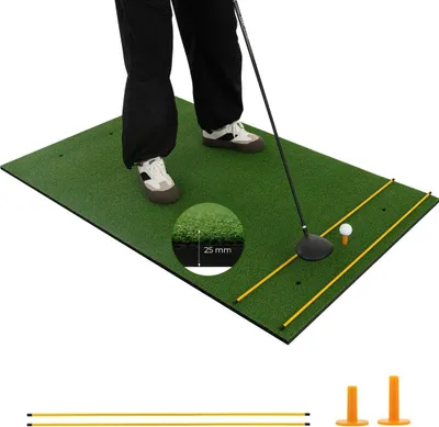 Zdjęcie produktu dla Mata golfowa 3 w 1 ze sztuczną trawą, 2 tee golfowe, 2 kołki wyrównujące i 6 wstępnie wywierconymi otworami na tee, 152 x 92 cm