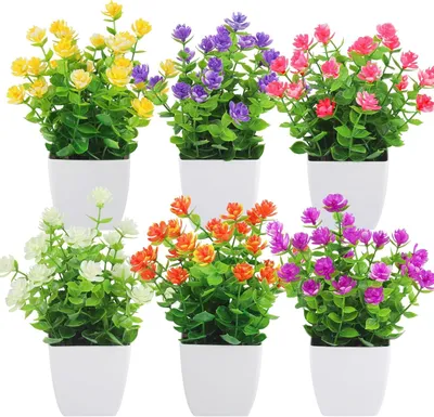 Imagen del producto de Juego de plantas artificiales, 6 unidades, 17,5 cm de altura, macetas blancas, para oficina y hogar