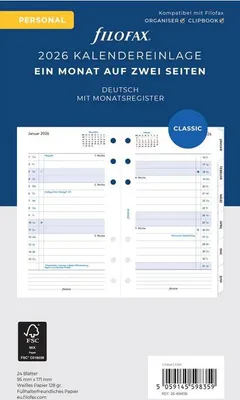 Produktbild von FILOFAX Kalendereinlage 2026 - Personal - 1 Monat = 2 Seiten Tabs - weiss - deutsch - 26-68456