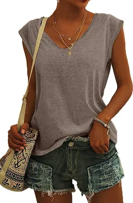 Image de ASKSA Femme col V manches papillon T-shirt été Unicolore Débardeur Basic Chemise Tee Tops, Gris Marron, XXL
