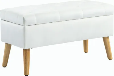 A white storage bench with wooden legs against a white background.
