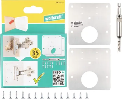 A product package for a Wolfcraft hinge repair kit, showing the contents and application.