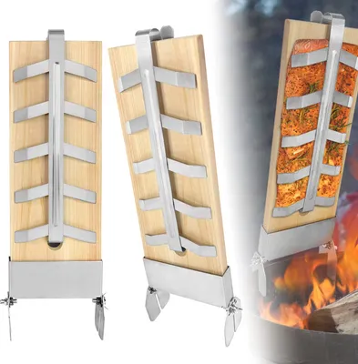 Produktbild von TRMLBE Flammlachsbrett 2X Flammlachsbretter mit Edelstahl-Halterung Lachsbretter 5 Stufen Einstellbar Flammlachs für Feuerschale zum Grillen Outdoor Grill Zedernholzbrett Belastbarkeit bis 2,5KG
