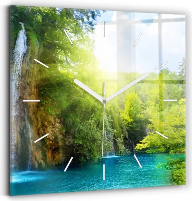 Produktbild von Wallfluent Wanduhr – Stilles Quarzuhrwerk - Uhr Dekoration Wohnzimmer Schlafzimmer Küche - Zifferblatt mit Striche - weiße Zeiger - 30x30 cm - Lagunenlandschaft