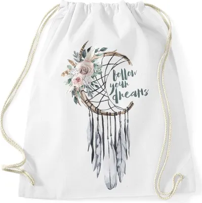 Produktbild von Turnbeutel Traumfänger Dreamcatcher Follow your Dreams Spruch Blumen Federn Spruch Boho Autiga® weiß unisize