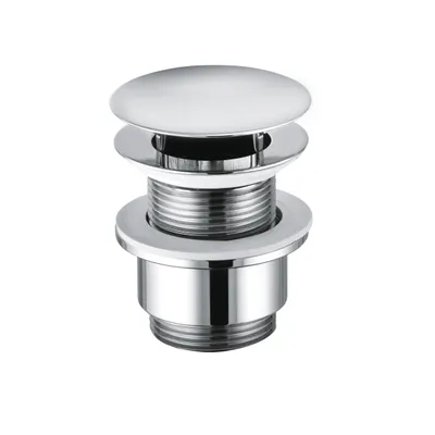 A chrome-plated sink drain assembly with a pop-up cap.