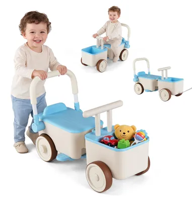 Productafbeelding van COSTWAY 3-in-1 kinderwagen met wielen, duw- en loopfiets met opbergruimte, inklapbare handgreep, voetsteun en trekkoord, duwwagen, loopfiets (3-6 jaar)