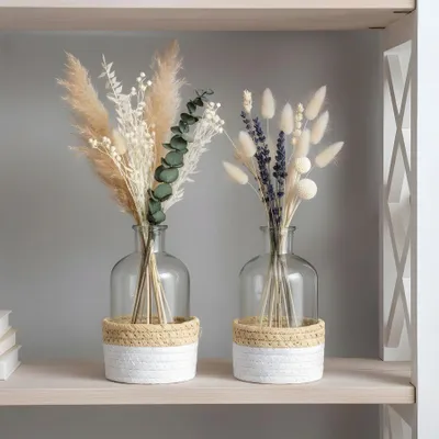 Produktbild von 2er Set Vase H16cm Transparent Glas Natur Weiß Boho Design Dekovase Blumenvase Tischdeko Glasvase Blumendeko