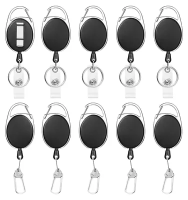 Produktbild von 10 schwarze, einziehbare Schlüsselanhänger, 2 Ausweishüllen-Modelle, einziehbar mit Schlüsselring, Ausweishüllen mit Karabinerhaken für Gürtelclip, für Ausweise, Kartenetuis, Schlüsselkarten