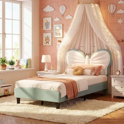 Immagine prodotto di Letto per bambini, 90 x 200 cm, letto a forma di principessa, imbottito, con testiera, regolabile in altezza, a forma di farfalla, con rete a doghe, letto singolo per bambine e adolescenti, in velluto, senza materasso, colore blu