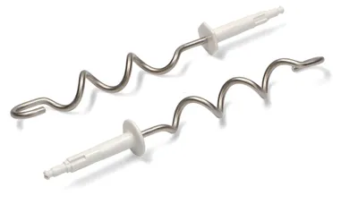 Two dough hooks for a hand mixer, with metal spiral arms and white plastic connectors, are displayed on a white background.