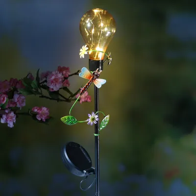 Produktbild von LED Solar Gartenstecker Glühbirne mit Libelle - 5 warmweiße LED - H: 84cm - Lichtsensor