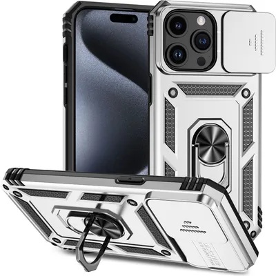Produktbild von iPhone 15 Pro Hülle mit Schiebe Kamera Schutz und Ringhalter Ständer Robust Rüstung Schutzhülle für iPhone 15 Pro Silber