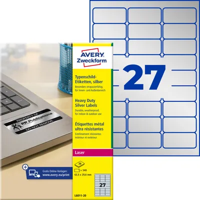 Produktbild von Avery Zweckform L6011-20, Typenschild-Etiketten, A4, 63,5 x 29,6 mm, 540 Etiketten / 20 Bögen, silber