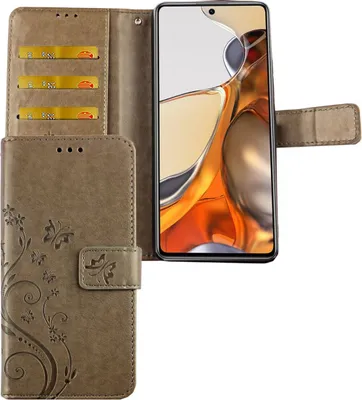 Produktbild von Xiaomi 11T Pro Tasche Handy Hülle Schutz-Cover Flip-Case mit Kartenfach, Farbe:Blumen Grau
