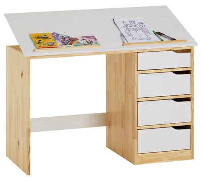 Produktbild von Kinderschreibtisch EMMA aus Kiefer Massivholz, natur/weiß - Schreibtisch mit neigungsverstellbarer Tischplatte, schöner Jugendschreibtisch mit 4 Schubladen